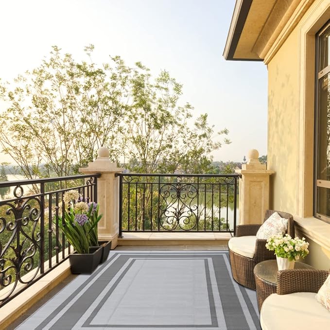 RURALITY Outdoor Rugs 5x8 for Patios Clearance,Waterproof Mats for Porch,Deck,Plastic Straw Area Rugs for Backyard,Balcony,Reversible,Geometric