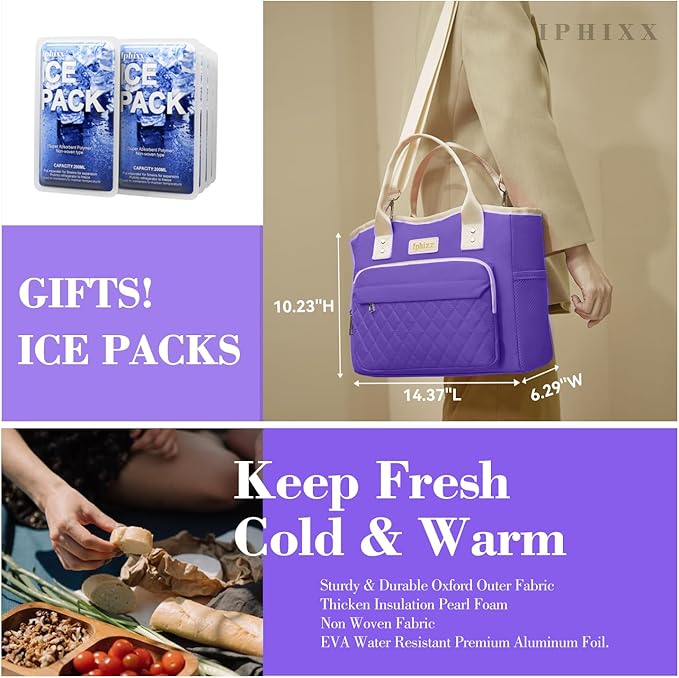 Lunch Bag Women Insulated Lunch Box for Adults - Leakproof Large Purse Lunch Tote Bags for Women with Adjustable Shoulder Strap Zipper Side Pockets for Work