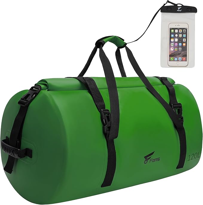 8 Fans Extra Large Waterproof Duffle Bag,Heavy Duty Travel Dry Bag with Durable Straps & Handles, Ideal for Kayaking,Paddleboarding,Boating,Rafting,and Fishing (Green, 120L)