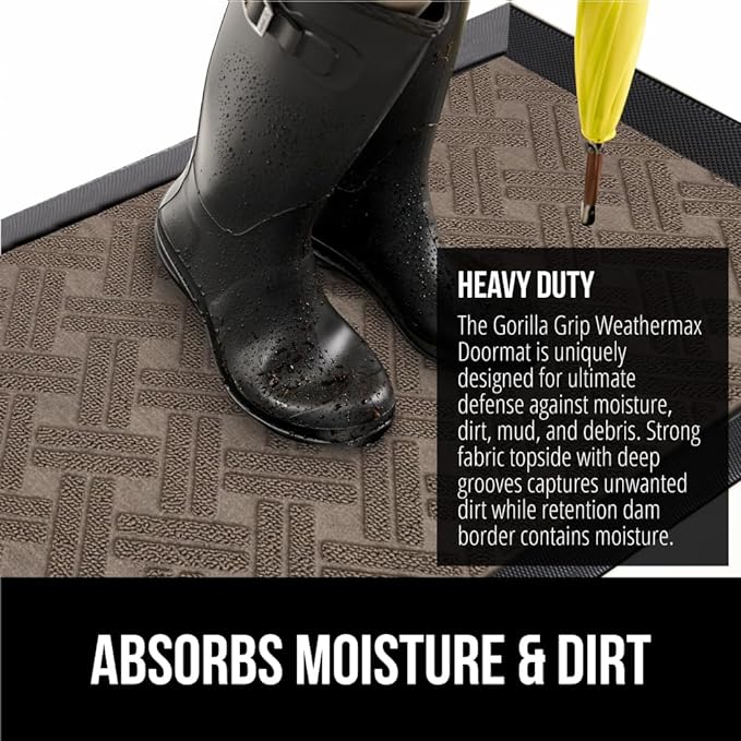 GORILLA GRIP 100% Waterproof All-Season WeatherMax Doormat, 72x24 Runner, Durable Natural Rubber, Stain and Fade Resistant, Low Profile, Indoor Outdoor Door Mats, Easy Clean Mat, Taupe Basket Weave