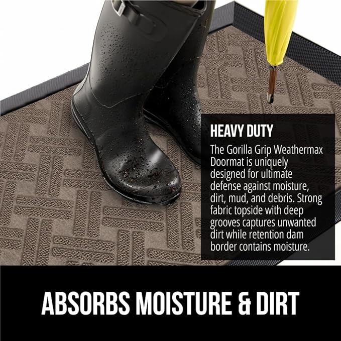 GORILLA GRIP 100% Waterproof All-Season WeatherMax Doormat, 23x35, Durable Natural Rubber, Stain and Fade Resistant, Low Profile, Indoor Outdoor Door Mats, Easy Clean Entrance Mat, Taupe Basket Weave