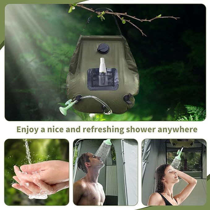 Solar Portable Shower Bag, 5 Gal/20L Solar Heating Camping Shower Bag with Removable Hose&On-Off Switchable Shower Head, Compact Camping Shower for Camping, Hiking, Traveling, Beach Swimming