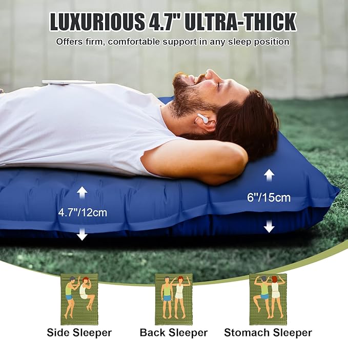 Double Sleeping Pad, Self Inflating 4.7'' Extra Thick for 2 Person Built-in Pump, Portable Camping Mattress Sleeping Mat for Backpacking Hiking Tent Travel