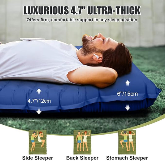 Double Sleeping Pad, Self Inflating 4.7'' Extra Thick for 2 Person Built-in Pump, Portable Camping Mattress Sleeping Mat for Backpacking Hiking Tent Travel