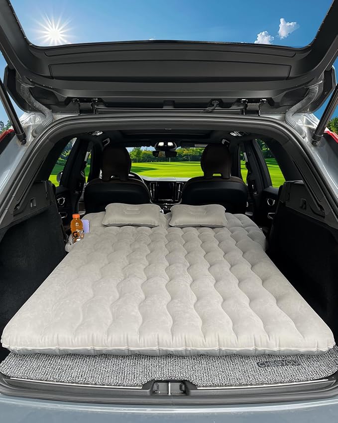 SUV Air Mattress, Inflatable Car Mattress Bottle and Phone Holder Thickened Flocking & PVC Surface Car Bed with Electric Air Pump Travel Mattress for Car Camping Road Trip (Grey)