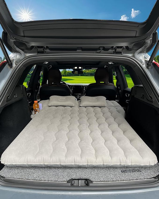 SUV Air Mattress, Inflatable Car Mattress Bottle and Phone Holder Thickened Flocking & PVC Surface Car Bed with Electric Air Pump Travel Mattress for Car Camping Road Trip (Grey)