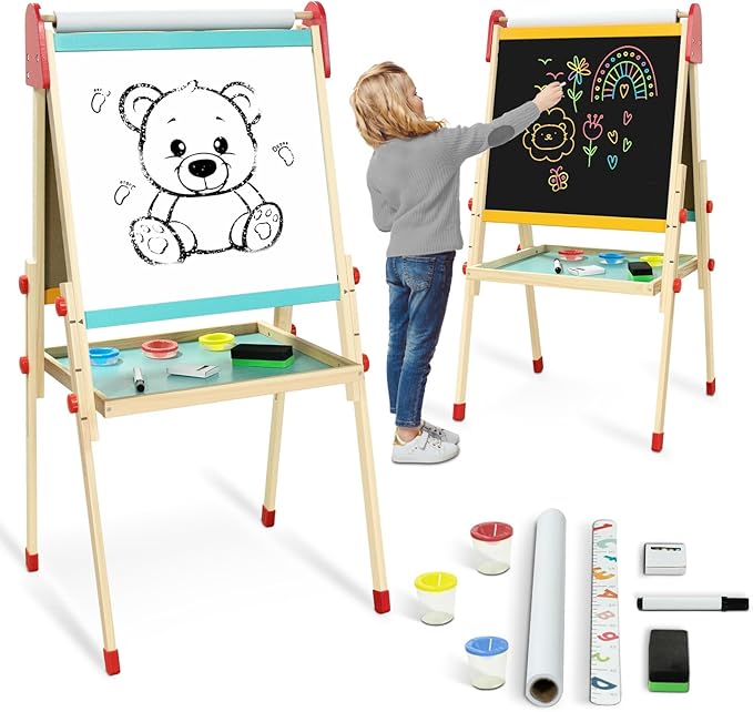 LOL-FUN Easel for Kids 4, Magnetic Double Sided Wooden Kids Easel for Painting with Paper Roll, Adjustable Art Easel for Kids Ages 4-8