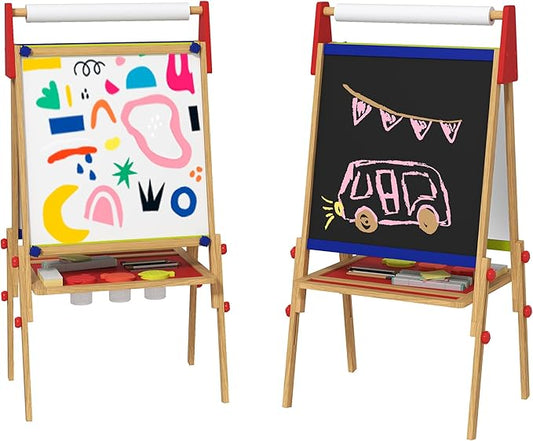 Qaba Easel for Kids, 3 in 1 Kids Art Easel with Paper Roll, Whiteboard, Chalkboard, Double Sided & Adjustable Height Wooden Toddler Easel with Painting Accessories, for Kids 3-8 Years, Nature Wood