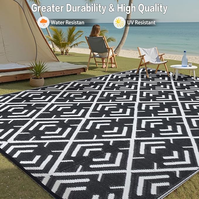 RV Outdoor Rug Waterproof Mat Outdoor Rugs 6'x9' for Patios Clearance Carpet Outdoor Camping Rugs Large Plastic Straw Rug(Geometric Black&White)