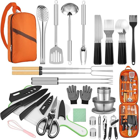 Camping Cooking Set - Camping Utensil Set Car Camping Cooking Essentials Gear for Camp Kitchen Cooking and Grilling, Stainless Steel & Silicone Ideal Gift for RV Tent Camper, Picnics, BBQs