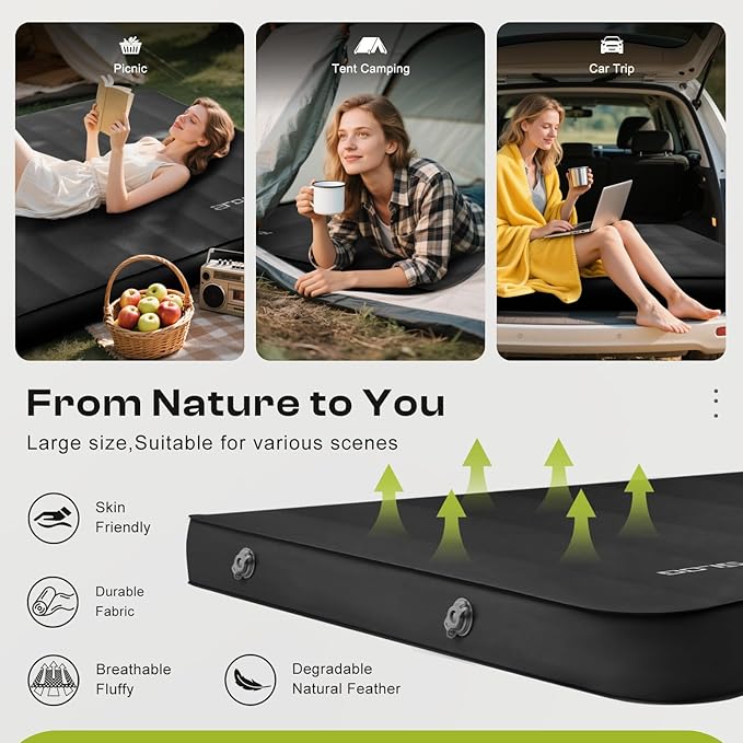 Self-Inflating Camping Mattress Pad 2 Person, 4in Thick Foam Sleeping Pad for Tent Camping, 4-Season Double Sleeping Pad with Pump Sack, Black