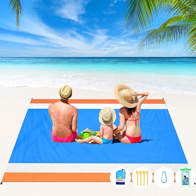 BYDOLL Beach Blanket Waterproof Sandproof 78''×81'' 1-7 Adults Oversized Lightweight Large Picnic Mat Waterproof Sandproof Blanket for Beach