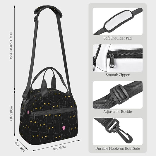 bassyil Black Cat Lunch Box Reusable Insulated Totes Lunch Bag Thermal Cooler Adjustable Shoulder Strap Bag For Men Women