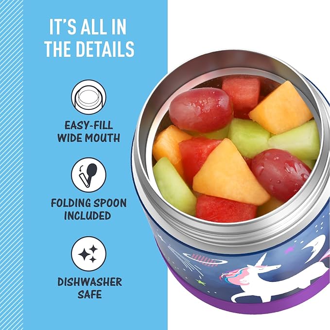 THERMOS FUNTAINER Insulated Food Jar, 10 Ounce, Kid Friendly Food Jar with Foldable Spoon, Space Unicorn