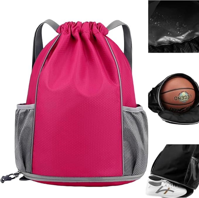 BLIRITEL Drawstring Backpack Sports Gym Bag, Multifunctional Soccer Backpack, Waterproof Soccer Bag for Men Women, String Basketball Bag Football Volleyball Backpack with Shoes Compartment (Rose)