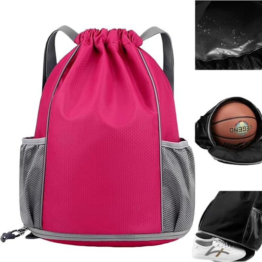 BLIRITEL Drawstring Backpack Sports Gym Bag, Multifunctional Soccer Backpack, Waterproof Soccer Bag for Men Women, String Basketball Bag Football Volleyball Backpack with Shoes Compartment (Rose)