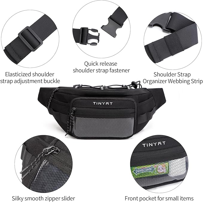 TINYAT Fanny Pack for Men Women Multifunction Waist Packs Large Crossbody Bum Bag with Zipper Waterproof Chest Bag for Hiking