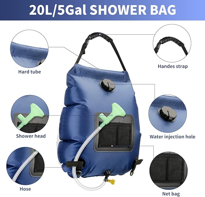 Solar Shower Bag, Solar Heating Camping Shower Bag, 5Gal(20L) Portable Camping Shower Bag, with Removable Hose and On-Off Switchable Shower Head, for Outdoor Traveling/Climbing/Hiking/Beach/Swimming