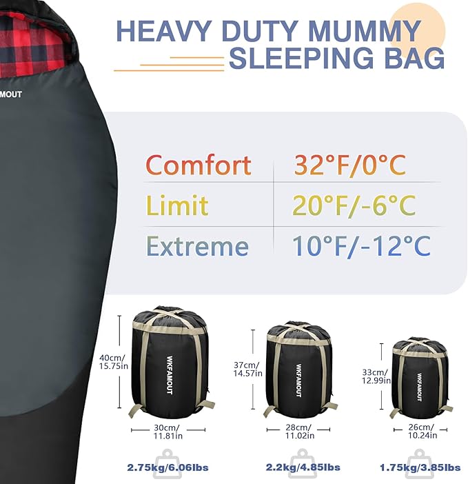 Cold Weather Mummy Sleeping Bag Flannel 0 Degree Winter Sleeping Bag Machine Washable Heavy Duty for Adults,Teenager with Compression Sack 4 Seasons for Camping Hiking Traveling
