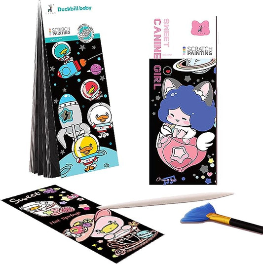 40 Card Rainbow Sparkle Scratch Painting Note, Hand-Eye Coordination Art&Crafts, Mini Magic Scratch DIY Graffiti Creative Bookmarks Gift for Kids&Adults, 8.5''x3.2'' (Canine Girl/Duckbill Baby Space)