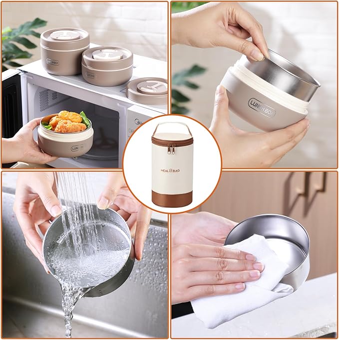 Dandat 3 Pcs Portable Insulated Lunch Container Set for Adult kids, Stackable Stainless Steel Bento Box for Hot Food with Insulated Lunch Bag Unisex 3 Separate Thermal Food Container(Khaki)