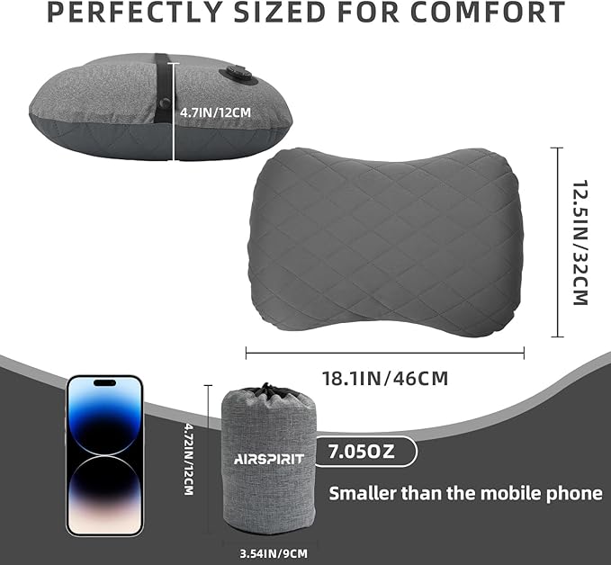 Inflatable Camping Pillow Ultralight Adjustable Firmness, TPU Travel Pillow for Neck & Lumbar Support, Hiking, Backpacking, Airplane, Car Travel & Beach with Removable Washable Cover (Grey)