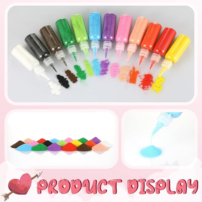 Bokon 37 Pcs Valentine Sand Art Bottle Necklace Kits Include 20 Pcs Plastic Sand Art Bottle Necklaces, 12 Pcs 12 Colored Art Sand, 5 Mini Plastic Funnels for Class heart Sand Art Containers Art Crafts