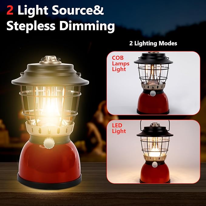 LED Camping Lantern Rechargeable Stepless Dimming Vintage Rechargeable Vintage Lantern, 4000mAh Power Bank, IPX5 Waterproof Portable Hanging Lamp for Camping Hiking Emergency and Power Outage