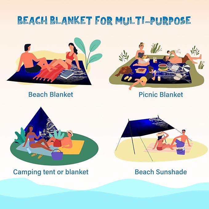 Beach Blanket Waterproof Sandproof 1-7 Adult Oversized 78 '' × 81 '' Lightweight Durable Compact Sand Free Beach Mat for Travel Camping Hiking Picnic Blanket Extra Large