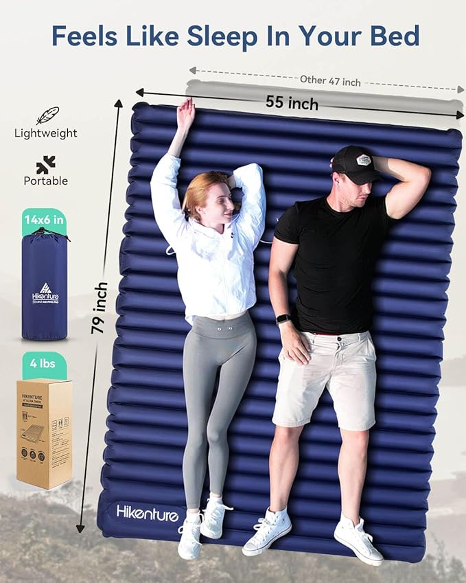 Hikenture Double Sleeping Pad for Camping, 4" Extra-Thick Camping Mattress 2 Person, Inflatable & Ultralight Sleeping Mat for Backpacking, Hiking (Navy Foot Pump, Full XL)