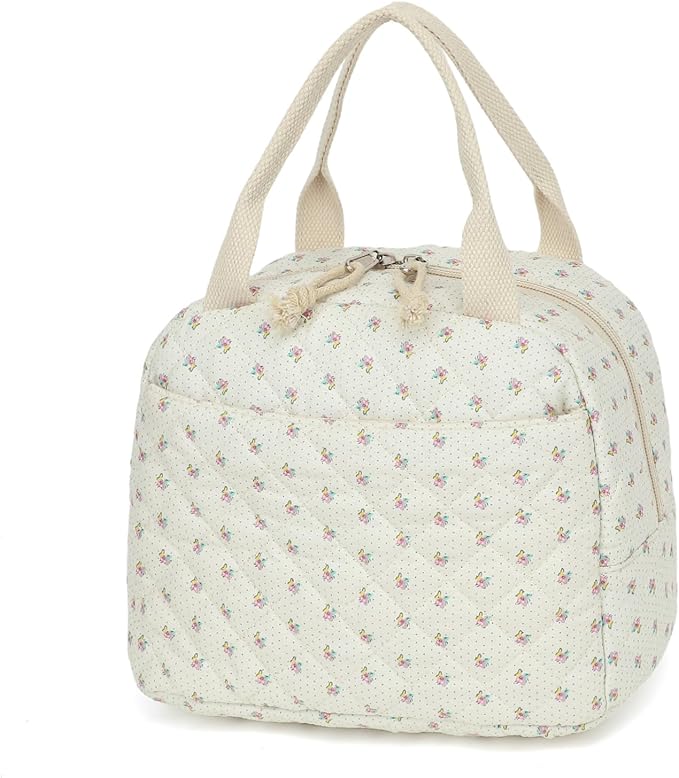 Insulated Lunch Bag, Quilted Beige Floral Design, Thermal Cooler Tote, Portable Large Capacity for Work, School, or Picnic, 8.5L