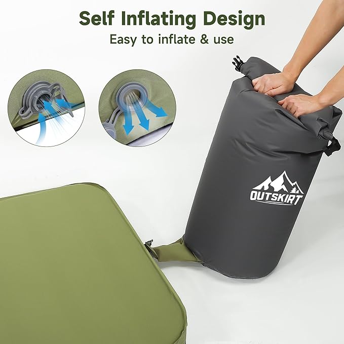OUTSKIRT Camping Sleeping Pad, 9.5 R-Value Insulated Camping Mat, 4" Thick Self Inflating Sleeping Pad, Foam & Air Camping Mattress, Portable All Season Camping Pad for Camp/Tent/Car/Truck/Cot