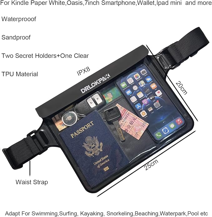 DRLOKPAK Waterproof Waist Pouch Fanny Pack Bum Bag Hip Pouch for Swim Surf Sail Snorkel Kayak Beach Pool to protect Wallet Passport Phone watch eReader mini tablet Dry (Black)