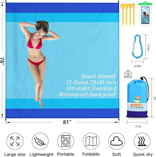 BYDOLL Beach Blanket 78''X81'' 4-7 Adults Oversized Lightweight Waterproof Sandproof Blanket for Beach Large Picnic Mat Travel Camping