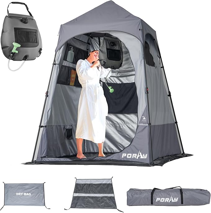 Portable Camping Shower Tent Deluxe Changing Room with Shower Bag Easy Set Up Privacy Shelter,Large Toilet Tent with Floor Drain Design for Beach,Camping,Hiking with Stakes and Ropes for Stability