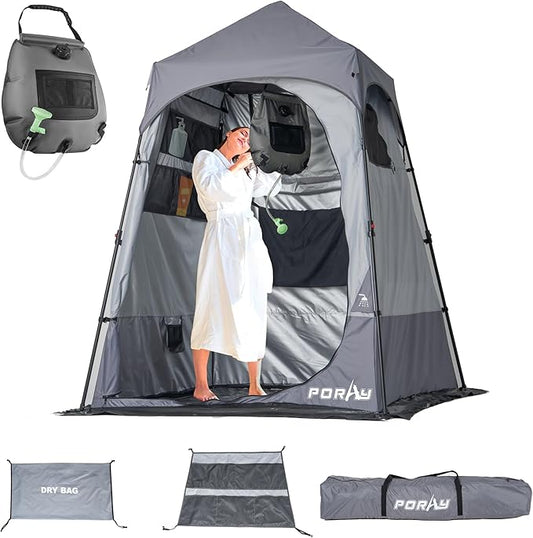 Portable Camping Shower Tent Deluxe Changing Room with Shower Bag Easy Set Up Privacy Shelter,Large Toilet Tent with Floor Drain Design for Beach,Camping,Hiking with Stakes and Ropes for Stability