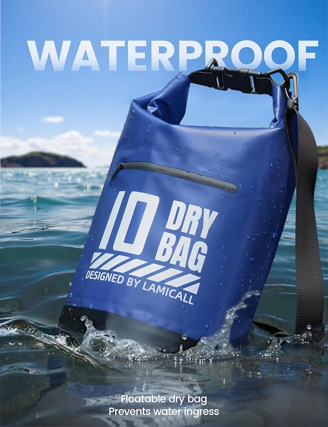 Lamicall Dry Bag Waterproof Backpack - [Zippered Pocket] 10L/20L Roll Top Waterproof Bag with Water proof Phone Case, Floatable Drybag for Swimming, Boating, Kayaking, Camping, Beach