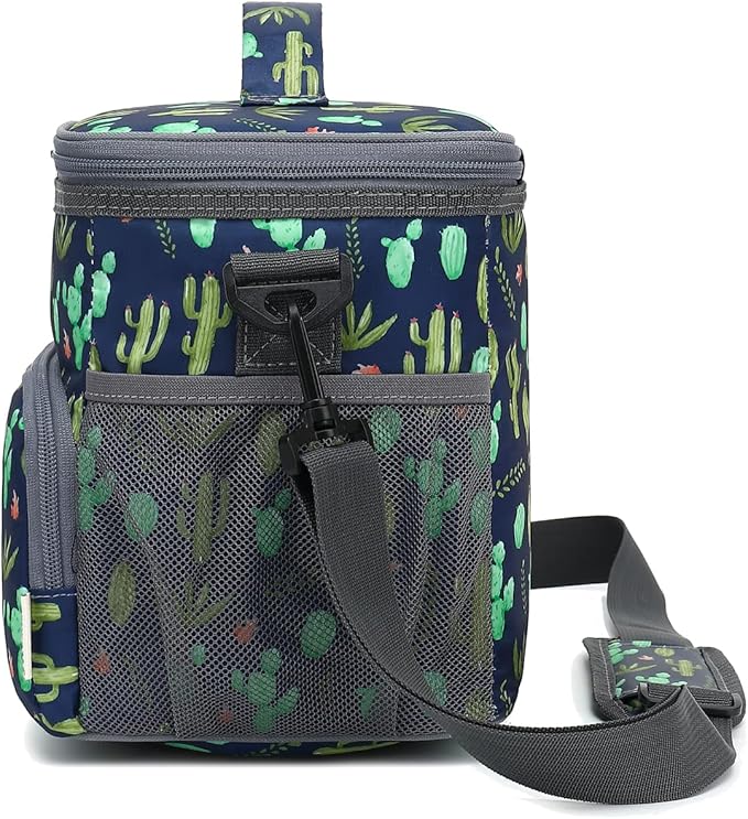 Insulated Reusable Lunch Bag Adult Large Lunch Box for Women and Men with Adjustable Shoulder Strap,Front Zipper Pocket and Dual Large Mesh Side Pockets,Cactus