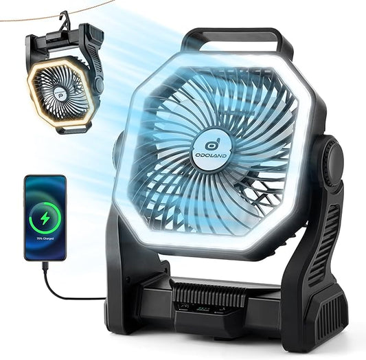 Odoland Camping Fan with LED Lantern, 20000mAh Rechargeable Battery Operated Fan, Portable Outdoor Light with Rotation Hook for Picnic Power Outage Hurricane Emergency Home Patio, Black