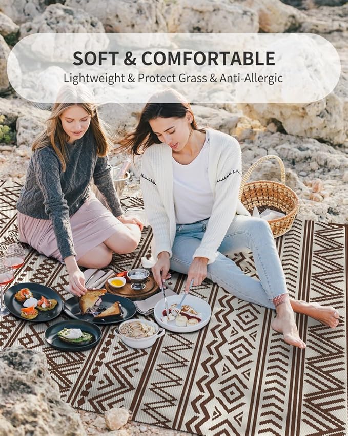 MontVoo Outdoor Rug Carpet Waterproof 5x8 Outdoor Patio Rug Mat Reverisble Plastic Straw Outdoor Rug for RV Camping Picnic Beach Balcony Boho Beige Brown