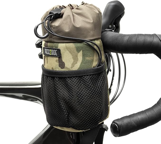 Bongo Bike Handlebar Bag - Water Resistant & Durable Fabric Bicycle Water Bottle Holder, Secure Attachment Bikepacking Stem Bag, Front Biking Storage, Bike Organizer for Cycling - Camo