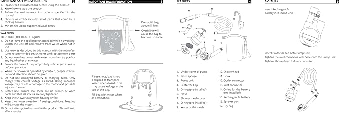 Portable Shower for Camping with Dry Bag - Camp Shower with Rechargeable Battery and Included 10L Dry Bag for Water Storage. Complete Camping Shower in a Bag (+Sprayer Attachment).