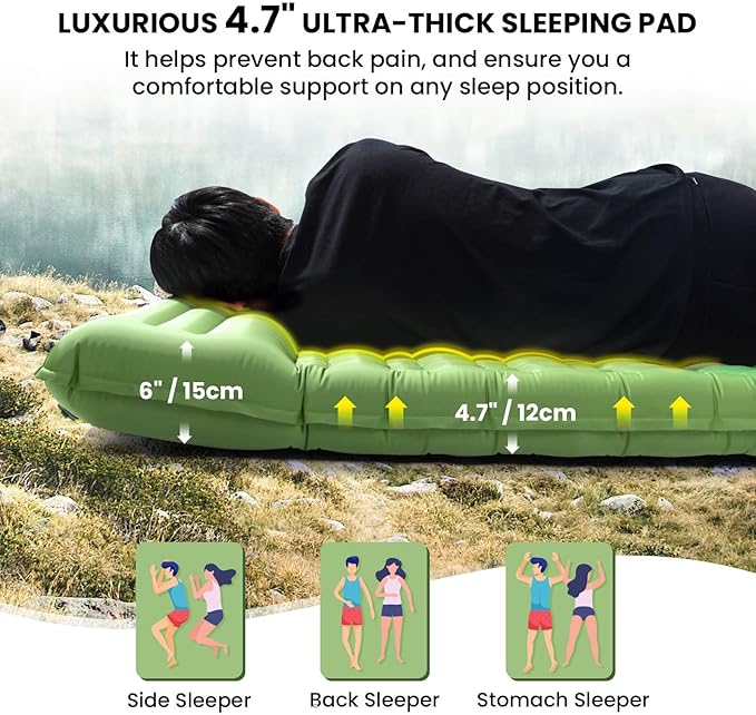 Double Sleeping Pad, 4.7“ Ultra-Thick Camping Mattress 2 Person for Backpacking, Hiking (Green, Full)