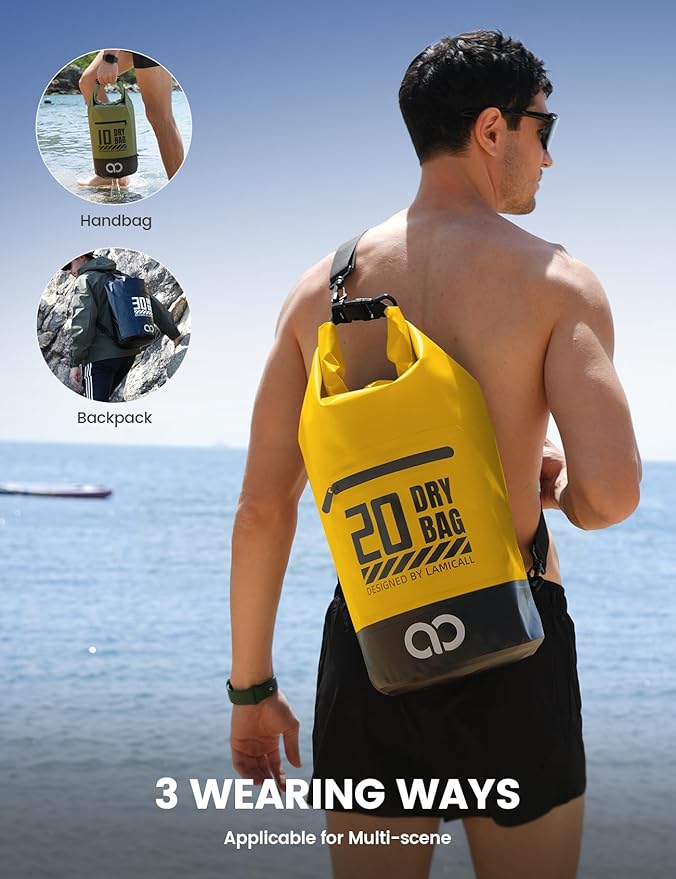 Lamicall Dry Bag Waterproof Backpack - [Zippered Pocket] 10L/20L Roll Top Waterproof Bag with Water proof Phone Case, Floatable Drybag for Swimming, Boating, Kayaking, Camping, Beach