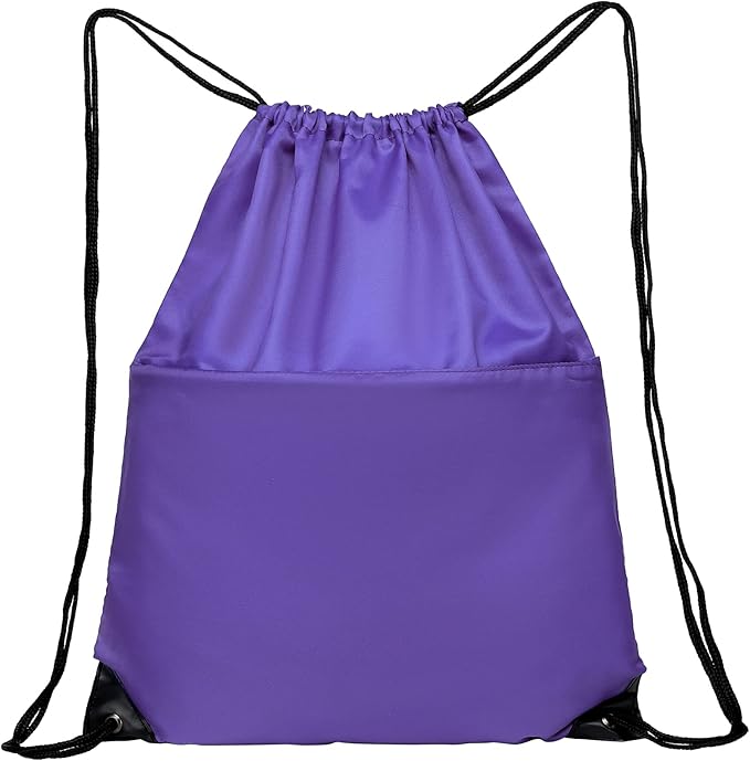 BuyAgain Drawstring Backpack Sports Water Resistant String Bag Sport Gym Sackpack for Women Men Large with Zipper, Purple