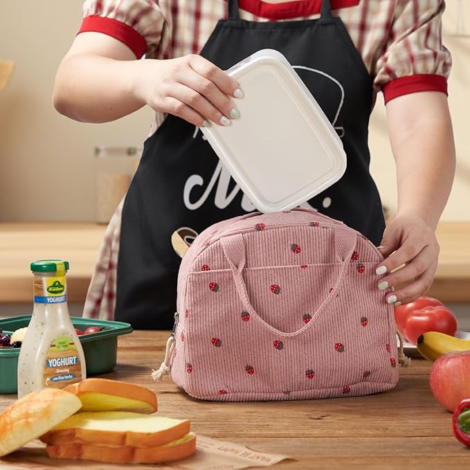 Corduroy Insulated Lunch Bag, Pink with Strawberry Pattern, Thermal Cooler Tote, Portable Large Capacity for Work or Picnic, 8.5L