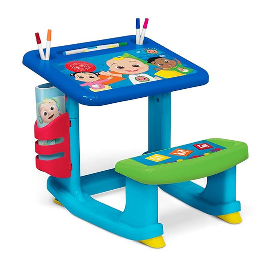 CoComelon Draw and Play Desk by Delta Children – Includes 10 Markers and Coloring Book, Blue