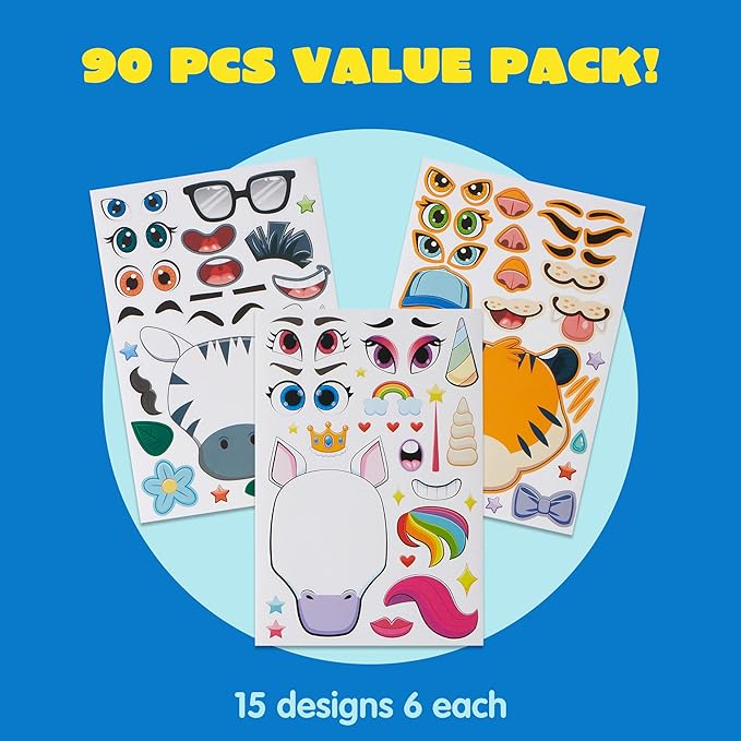 JOYIN 90 PCS 9.8”x6.7 Make-a-face Sticker Sheets Make Your Own Animal Mix and Match Sticker Sheets with Safaris, Sea and Fantasy Animals Kids Party Favor Supplies Craft