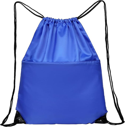 BuyAgain Drawstring Backpack Sports Water Resistant String Bag Sport Gym Sackpack for Women Men Large with Zipper, Royal