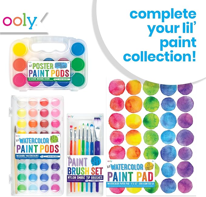 Ooly Lil' Watercolor Washable Paint Pods Set with Brush, 36 colors & 1 Paintbrush, Washable Watercolors in a Portable Case, School and Art Supplies for All Ages, Bright & Vibrant Colors